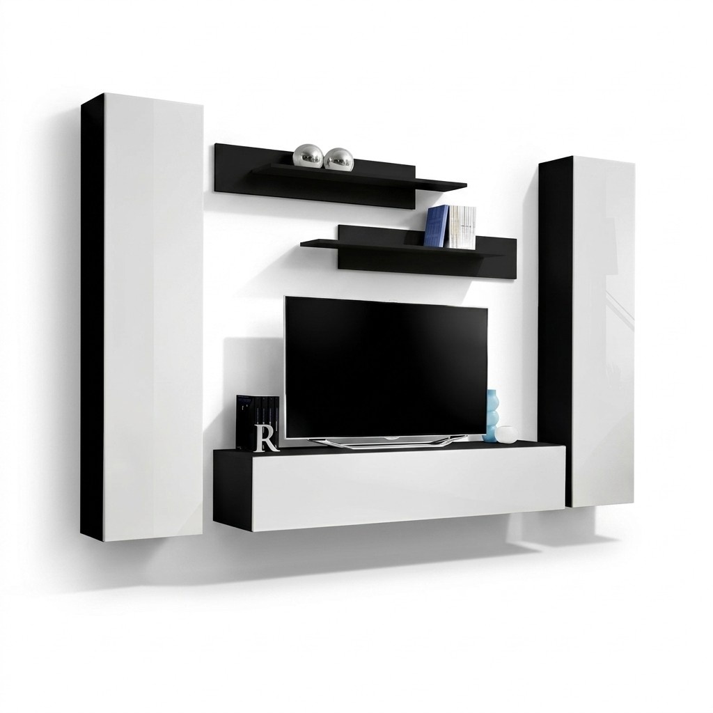 Wohnwand Weiß Stil Design Lowboard TV-Ständer Holz Wandschrank Neu