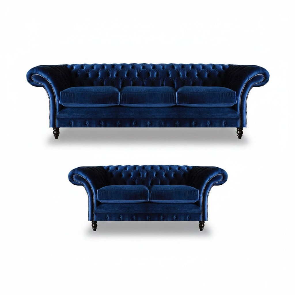 Wohnzimmer 2tlg Dreisitzer Sofa Blau Zweisitzer Sofas Einrichtung Chesterfield