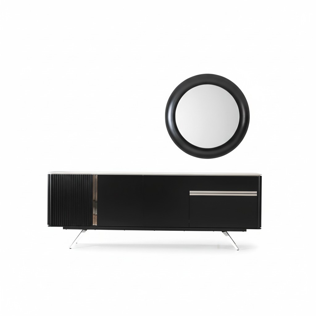Wohnzimmer Anrichte Spiegel Sideboard Holz mit Metall Stil schwarze