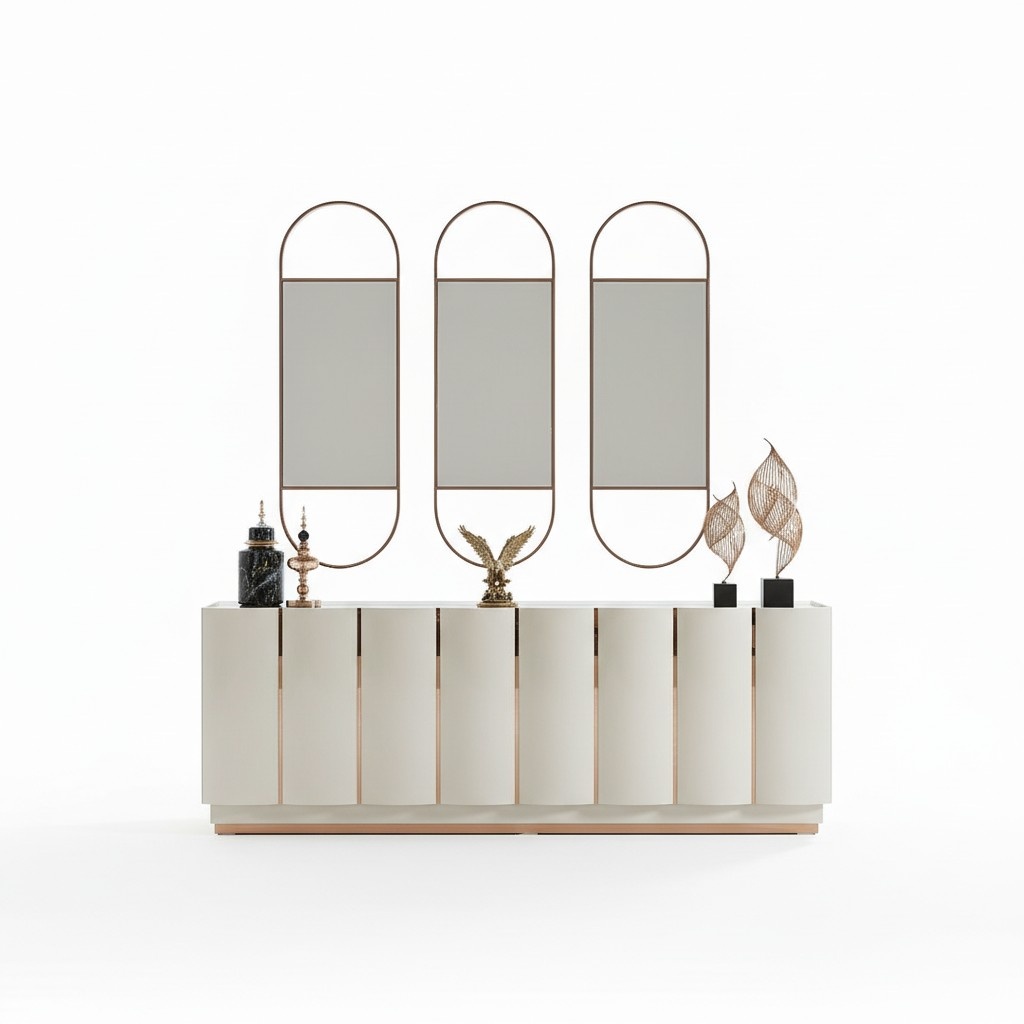 Wohnzimmer Anrichte weiß Spiegel Material Holz mit Metall Stil Modern