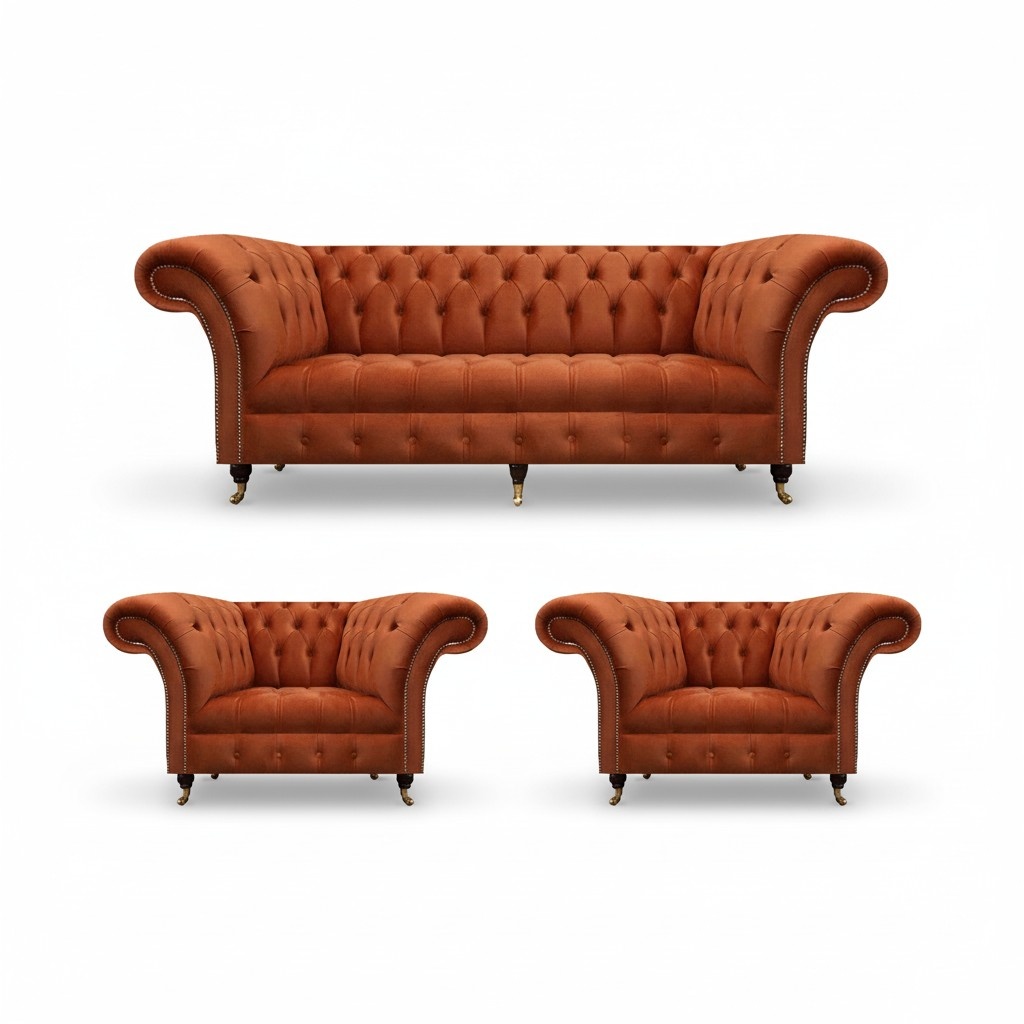 Wohnzimmer Braune Chesterfield Garnitur 2x Polstersessel 3-Sitzer 3tlg