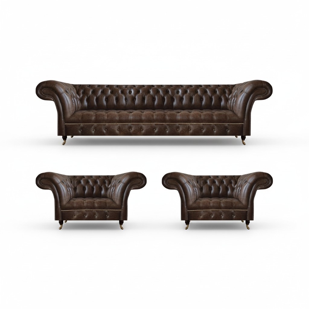 Wohnzimmer Braune Chesterfield Ledergarnitur Designer Sitzmöbel 3tlg Set