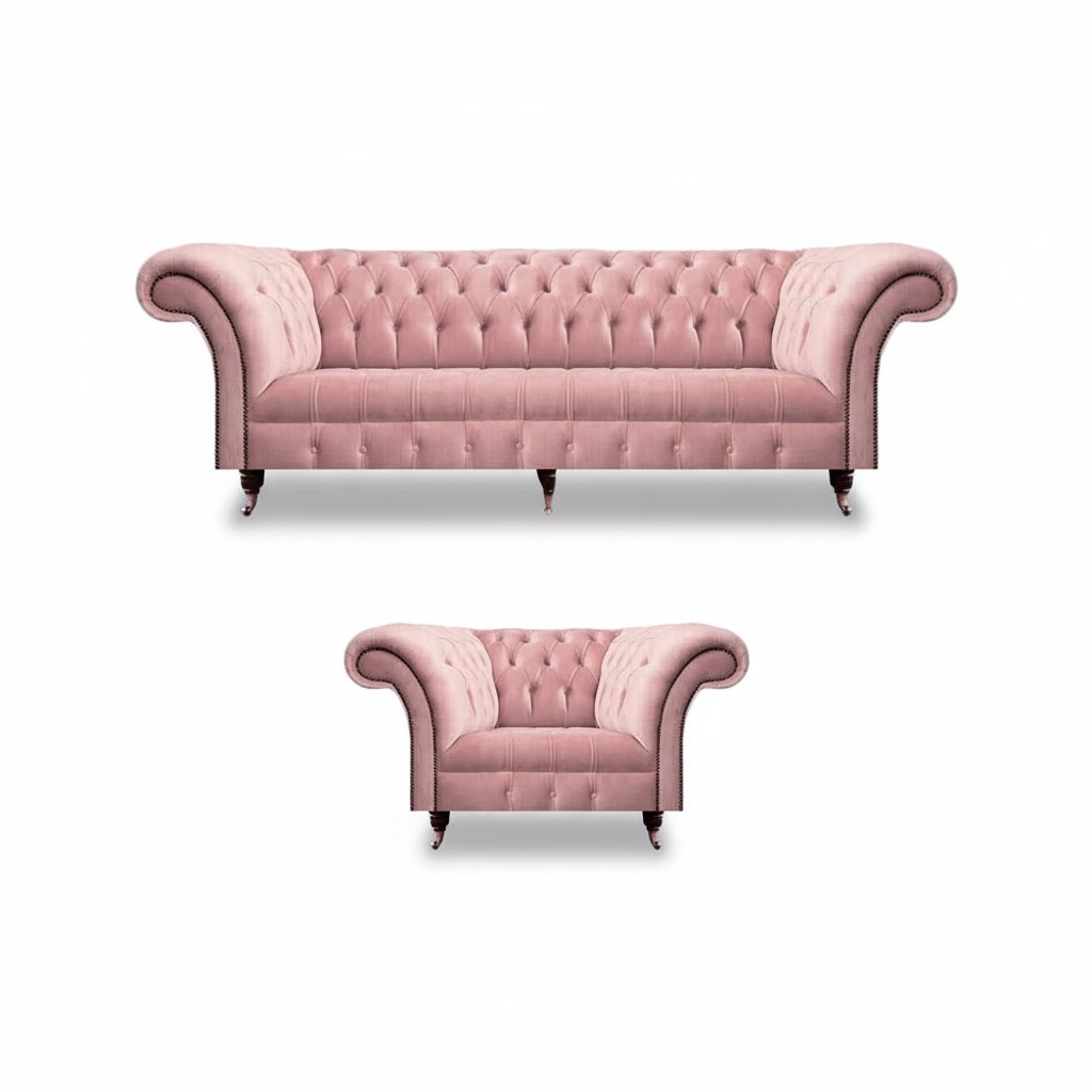 Wohnzimmer Chesterfield Sofa Couch Dreisitze Polstermöbel Sessel Rosa Komplett