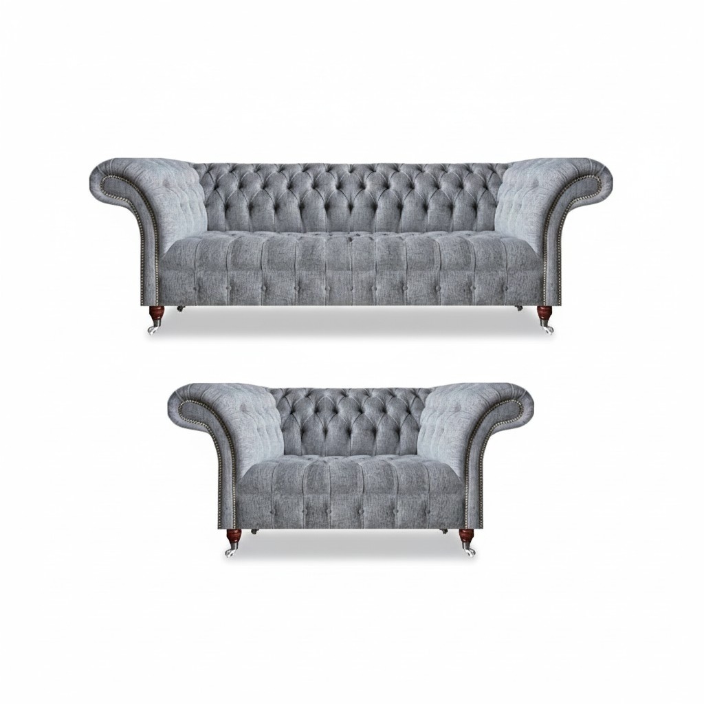 Wohnzimmer Garnitur 2x Sofas Grau Komplett Chesterfield Design Möbel