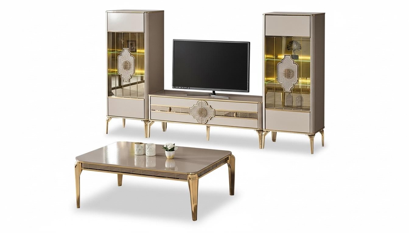 Wohnzimmer Garnitur TV Ständer Vitrinen Couchttisch Schrank Beige 4tlg
