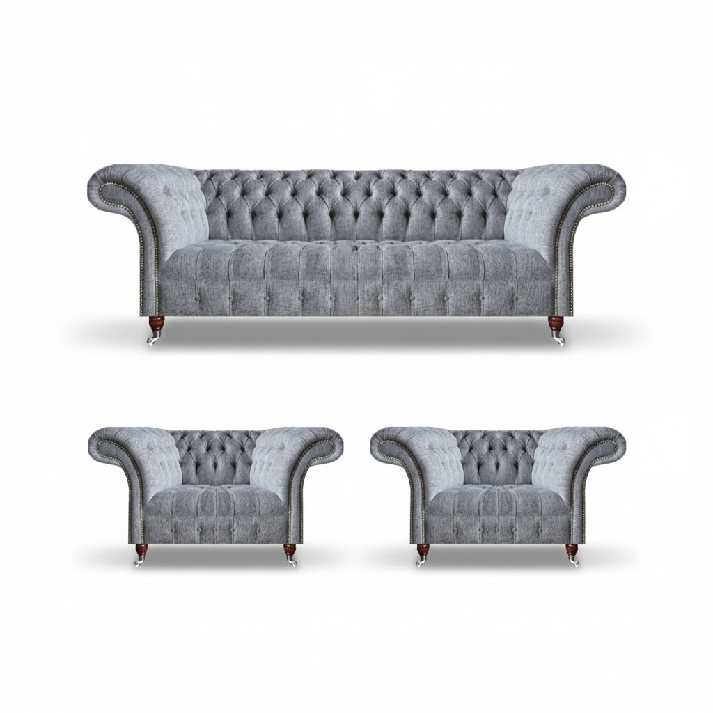 Wohnzimmer Grau Sofagarnitur 3tlg Chesterfield Polstersofa Design Möbel