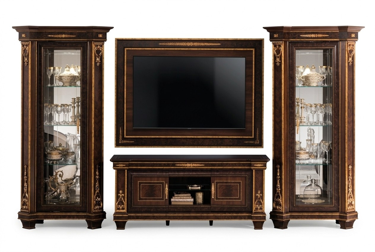 Wohnzimmer Komplettset Wohnzimmerkombination 4 tlg. Wohnwand Holz 2x Vitrine Neu