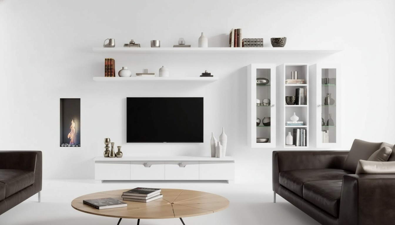 Wohnzimmer Lowboard Wohnwand Holz Schrank Design Weiß Modern Set 6tlg.