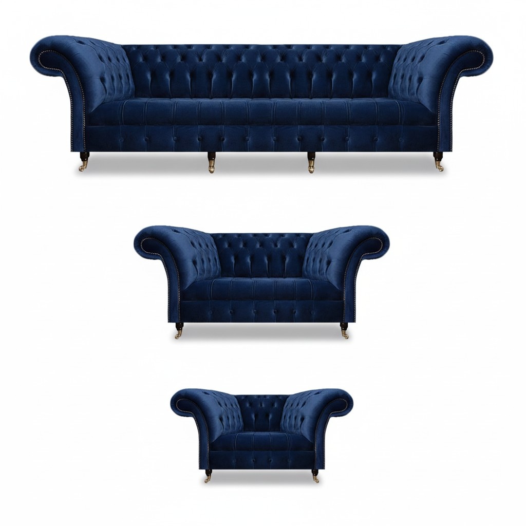 Wohnzimmer Set 3tlg Chesterfield Blau Textil Luxus Sofas Design Einrichtung