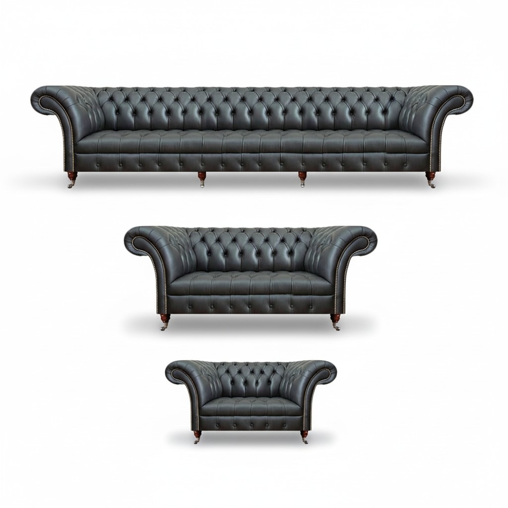 Wohnzimmer Set 3tlg Leder 2x Sofas Schwarz Sessel Polstermöbel Chesterfield
