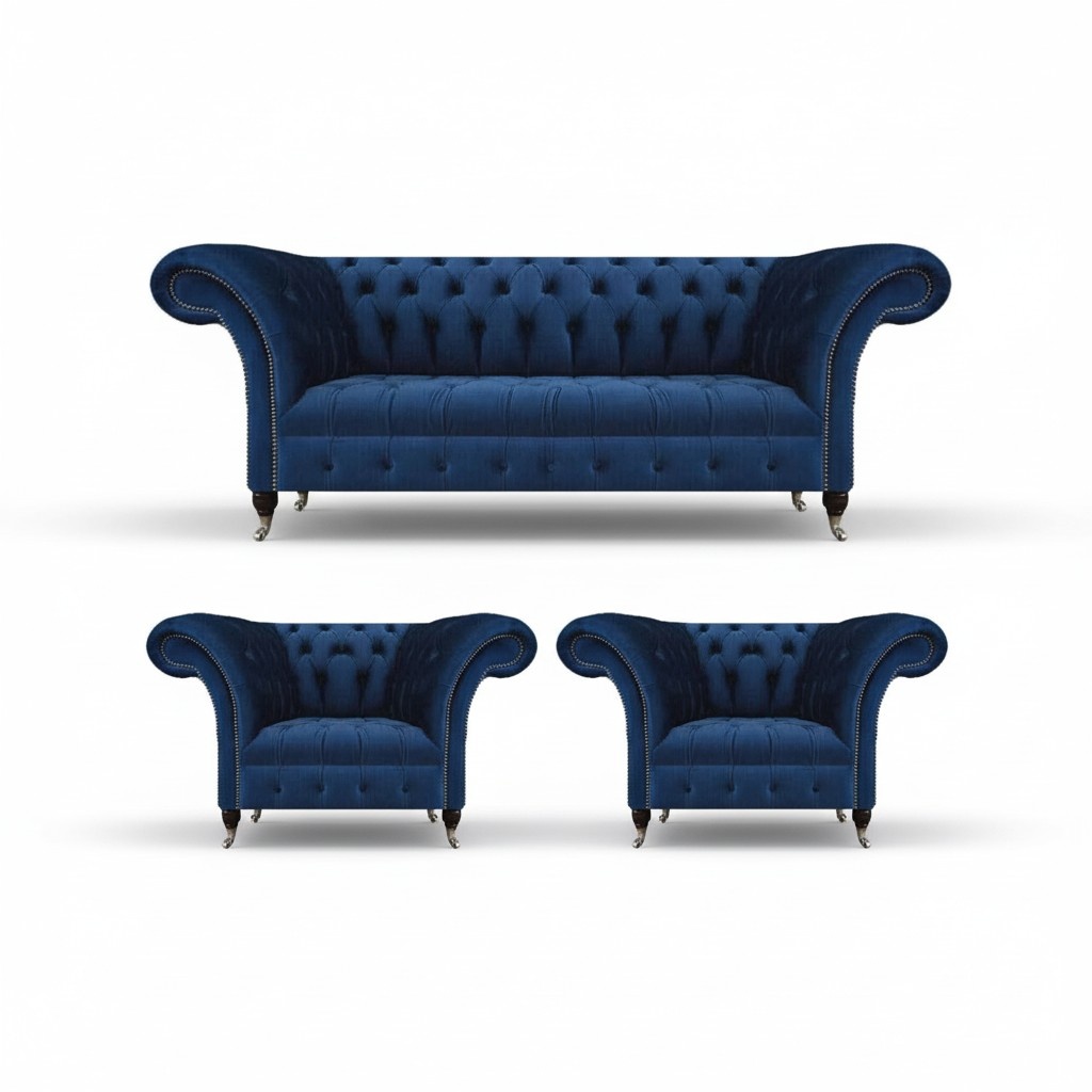 Wohnzimmer Set 3tlg Luxus Garnitur Chesterfield Blau Polstersitz Chesterfield