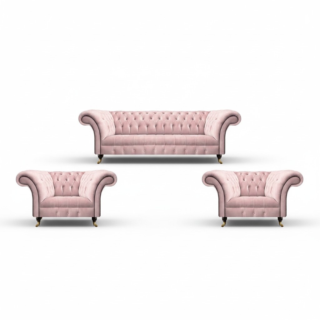 Wohnzimmer Set 3tlg Sofa Dreisitze Rosa Komplett 2x Sessel Chesterfield