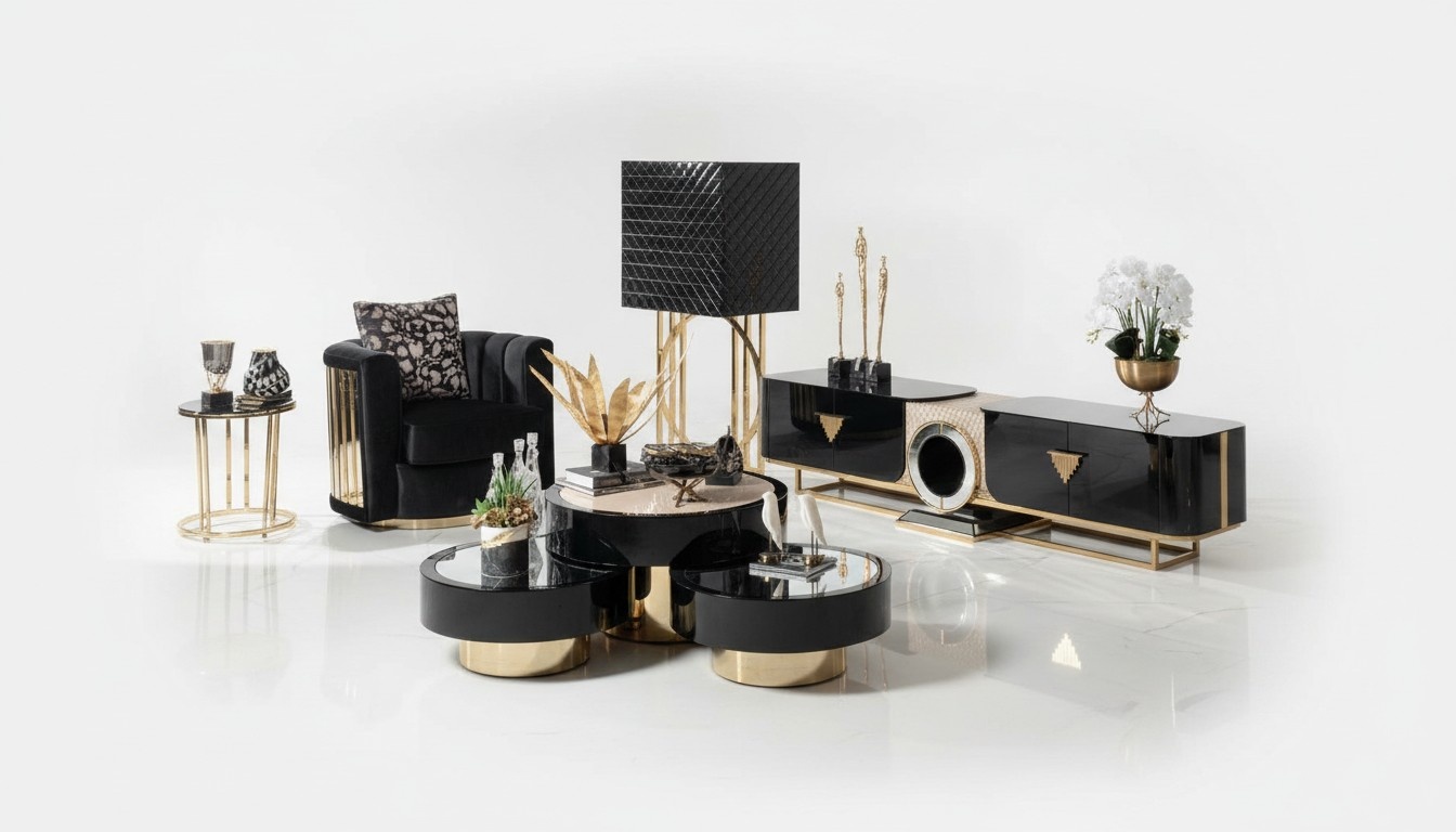 Wohnzimmer Set 5tlg Sessel Couchtisch Sideboard mit Spiegel Vitrine Luxus Holz