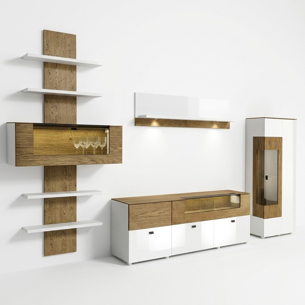 Wohnzimmer Set Modern Holzmöbel Wohnwand Wandregal Regale TV-Lowboard