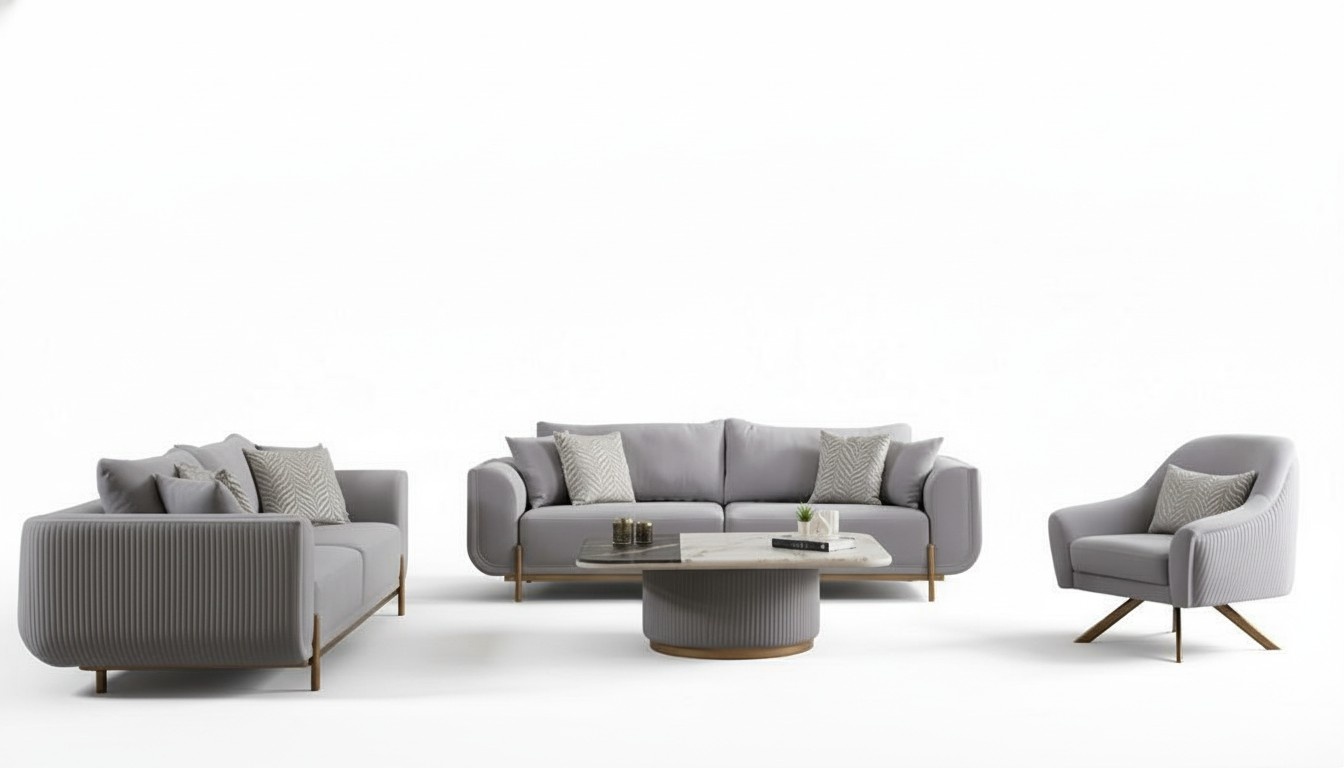 Wohnzimmer Set Sofa 3 sitzer Couchtisch Sessel Beige Gold Edelstahl