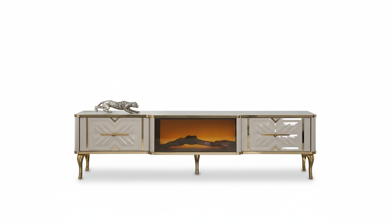 Wohnzimmer Sideboard weiß + gold Kamin Luxus RTV Lowboard Exclusive