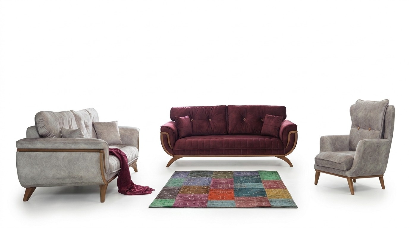 Wohnzimmer Sofagarnitur 3+3+1 Polster Textil Design Modern grau Möbel