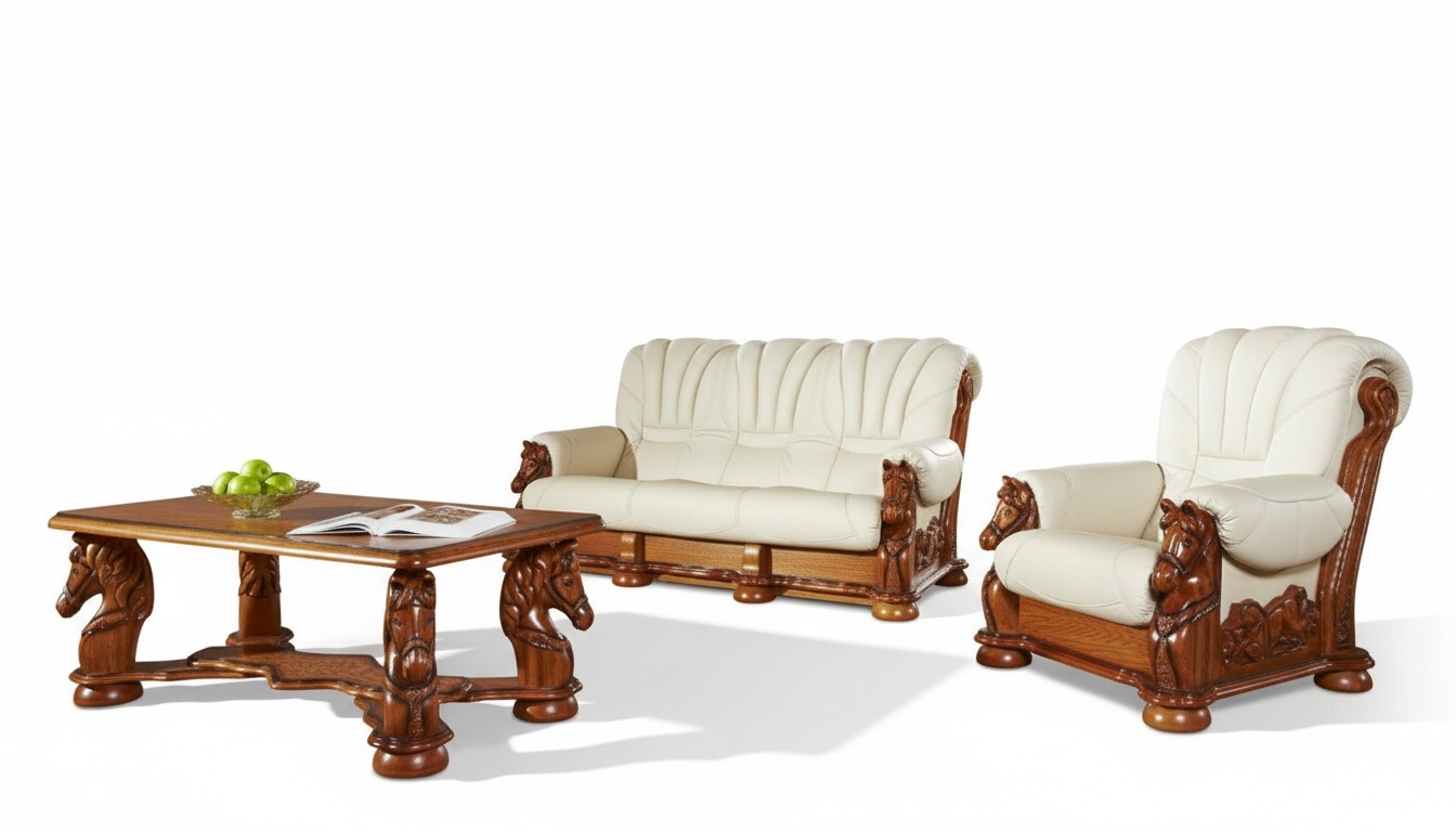 Wohnzimmer Sofagarnitur Couch Polster Sitz Sofa Leder Holz 3+2 Set