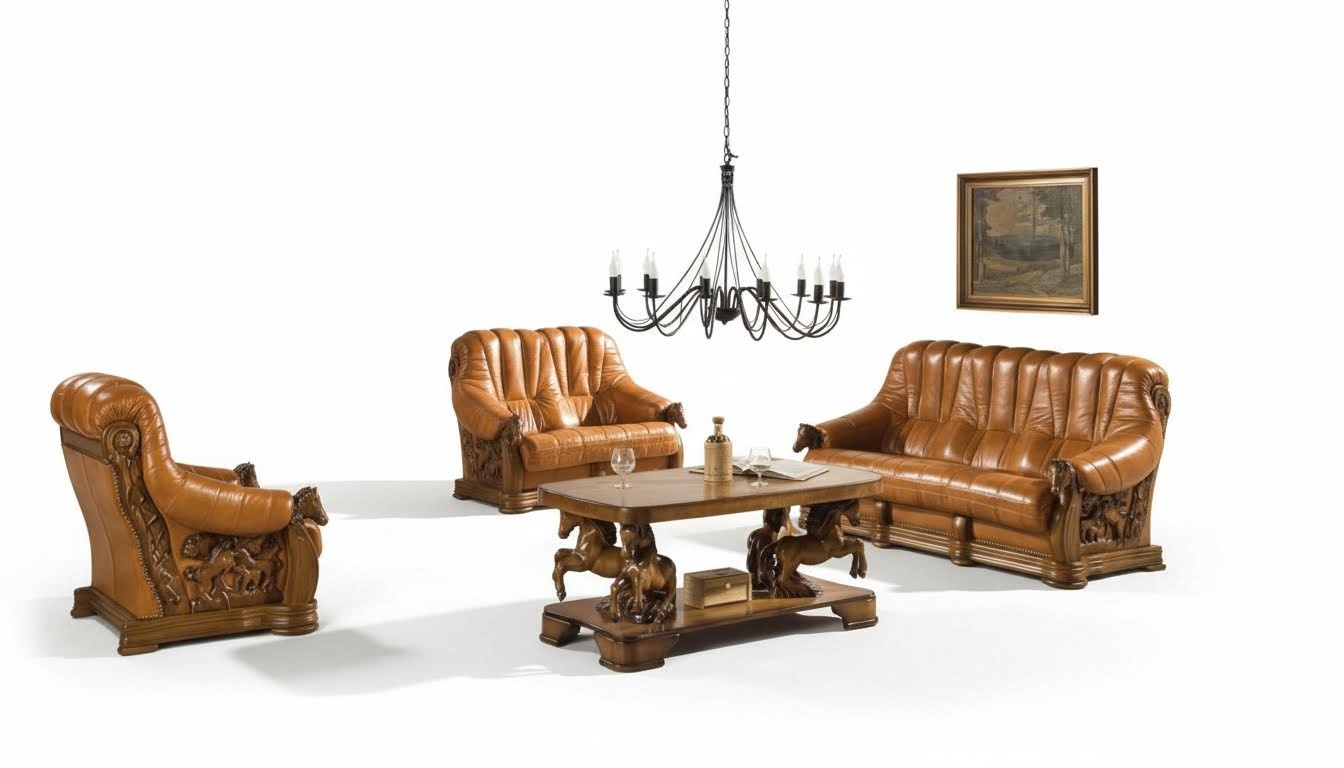 Wohnzimmer Sofagarnitur Couch Sitz Sofa Leder Holz 3+2 Set Garnitur Neu