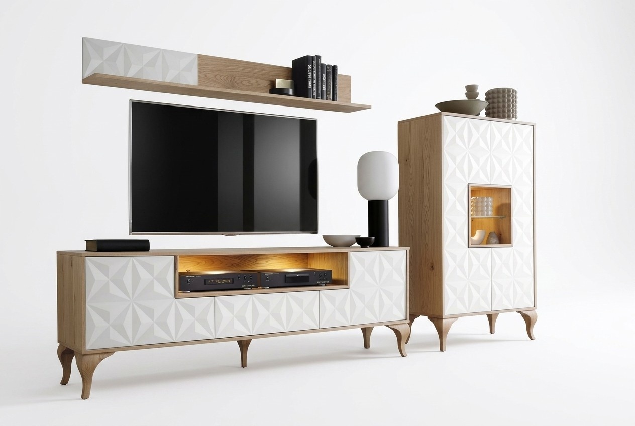 Wohnzimmer TV-Lowboard Wandregal Regal Wohnwand Schrank Set 3tlg