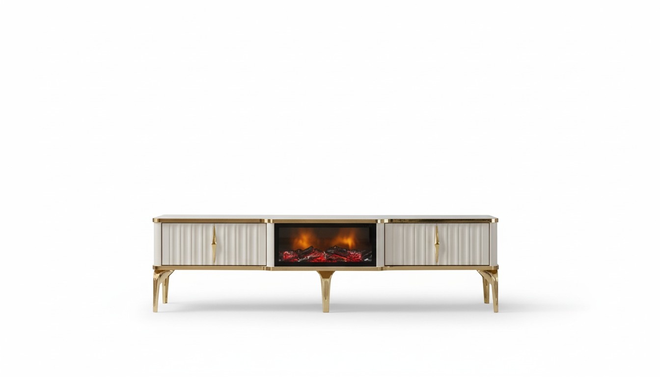 Wohnzimmer TV-Lowboard weiß + gold MDF Sideboard Metall RTV Luxus Neu