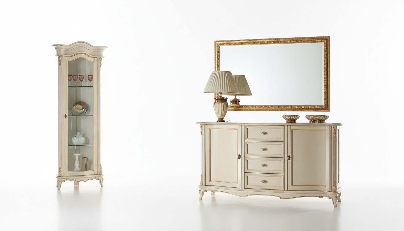 Wohnzimmer Vitrine Schrank Kommode Italien Spiegel klassisches Set 3tlg Weiß
