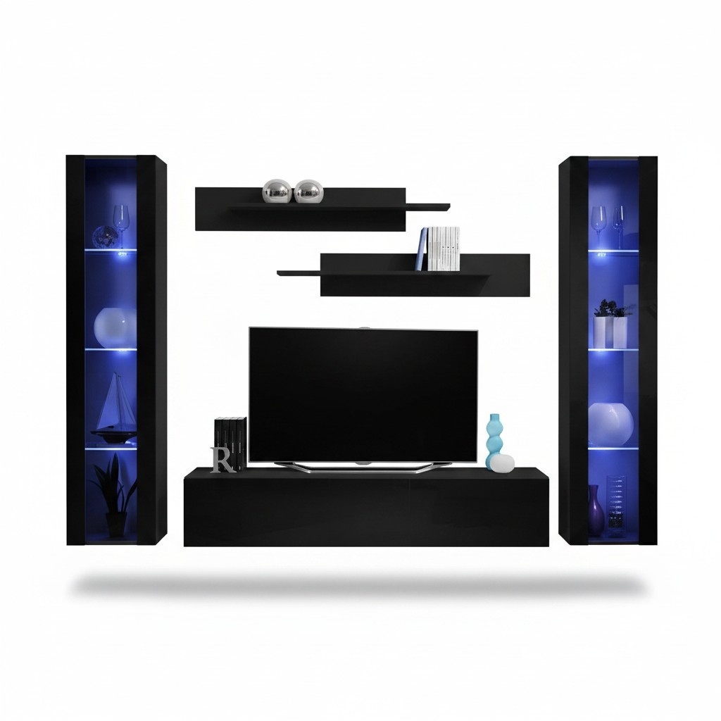 Wohnzimmer Wohnwand Lowboard Holz Wand Regale Design Schwarz Modern Set 5tlg