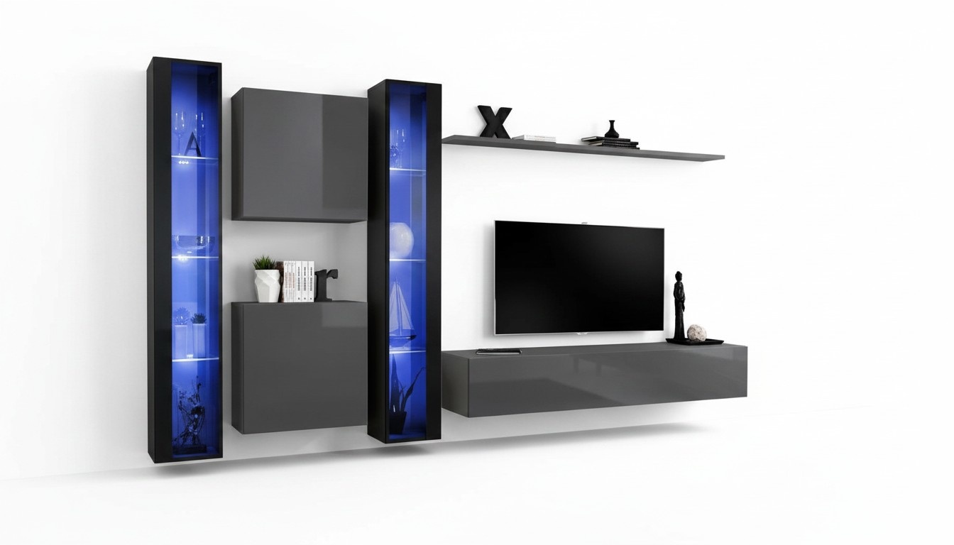Wohnzimmermöbel 2x Wandschrank Grau Modern Sideboard Einrichtung Hänge Vitrine