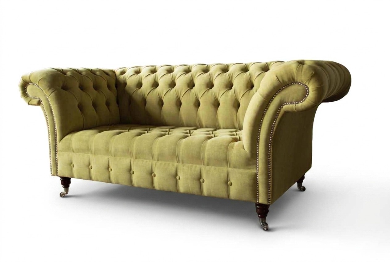 Zweisitzer Sofa Luxus 2 Sitzer Wohnzimmer Hellgrün Chesterfield Stoff Neu