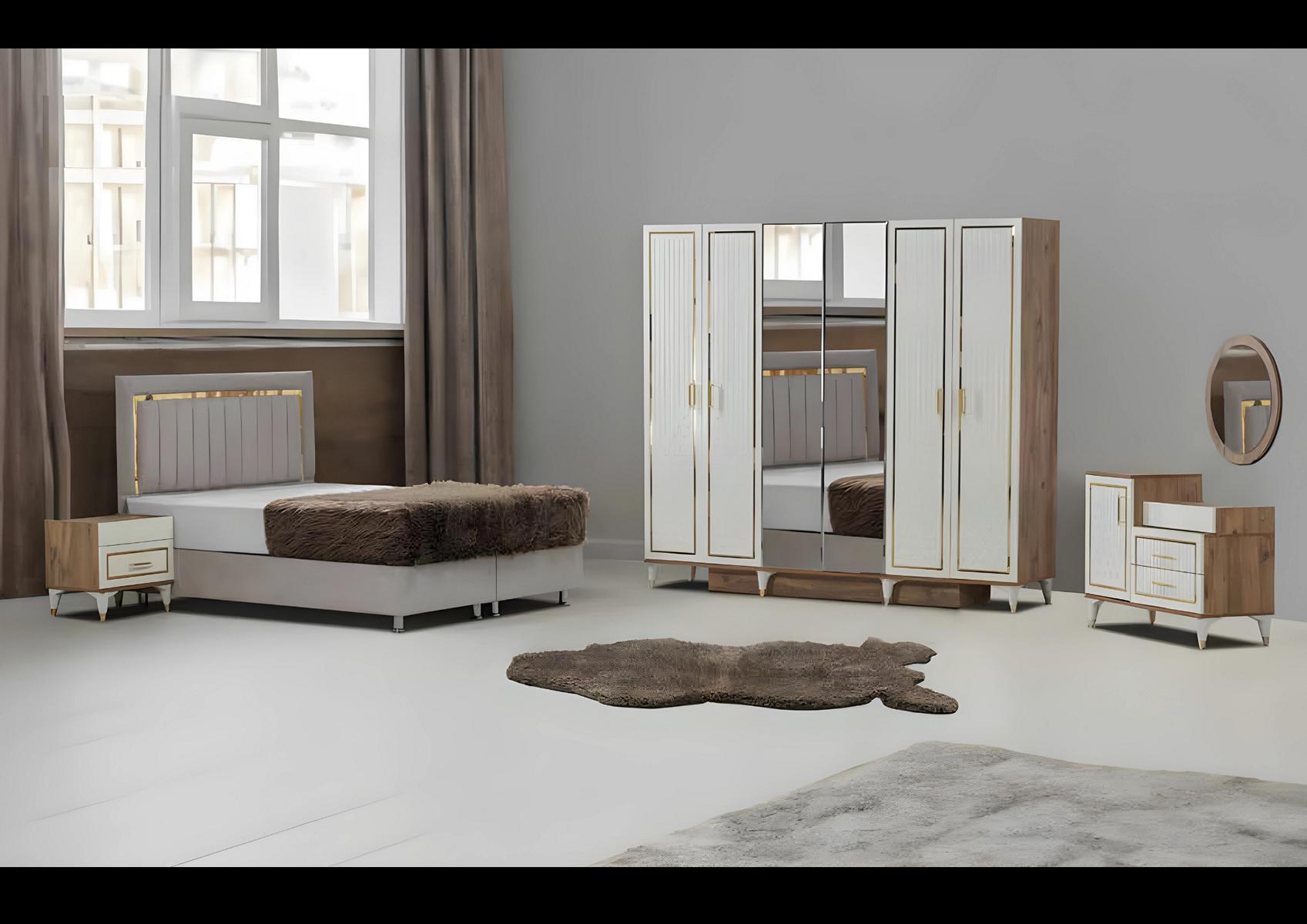 Weiß-Goldene Schlafzimmer Garnitur Schlafbett Kleiderschrank Kommode