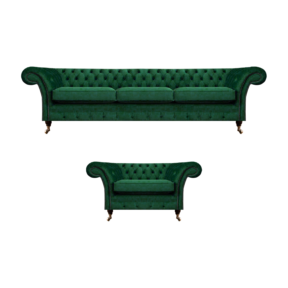 Polstermöbel Grün Sofa Dreisitze Couch Sessel Chesterfield 3+1 Sofagarnitur