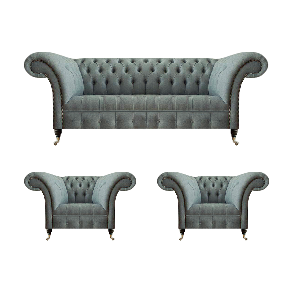 Sofagarnitur 3tlg 2x Sessel Grau Sofa Dreisitze Einrichtung Chesterfield Neu