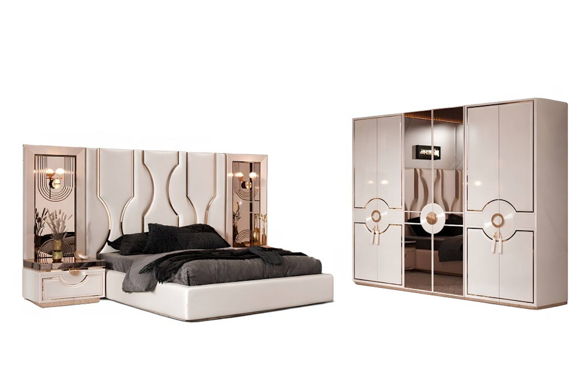 Modern Schlafzimmer Set Luxus Bett Kleiderschrank Schminktisch 5 tlg. Sofort