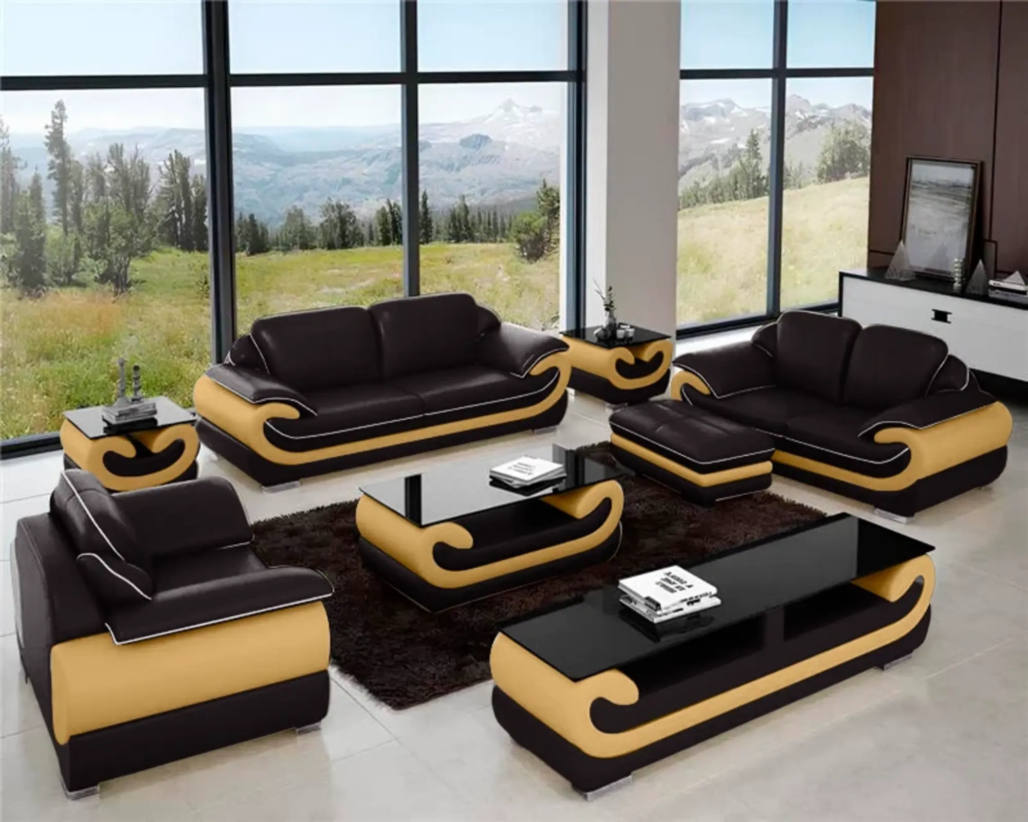 Klassische Ledersofa Garnitur Komplett Set 8 tlg. Wohnzimmer Set Tisch Hocker Sofort