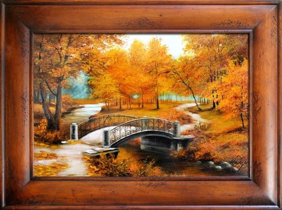 Gemälde Natur Öl Wald Brücke Handarbeit Ölbild Bild Ölbilder Rahmen Bilder