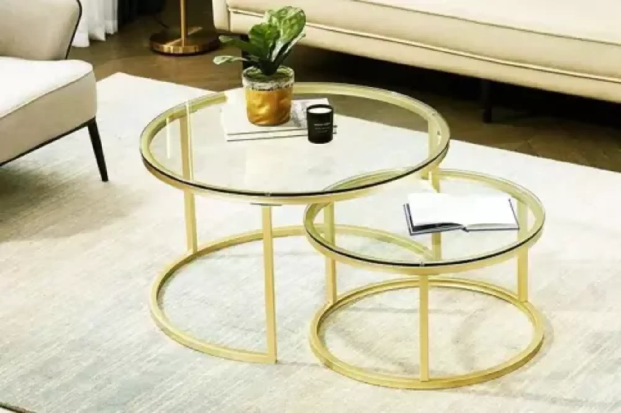 Couchtische 2 Teile Glas Tischplatte Metall goldfarbene Beine Wohnzimmermöbel