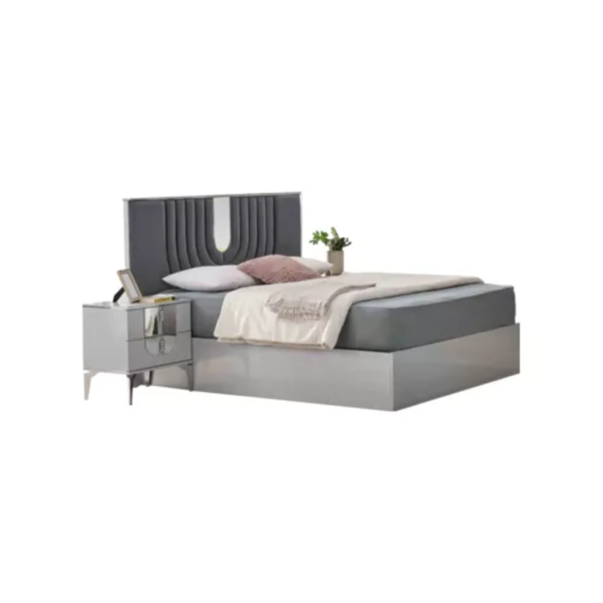 Komplette Schlafzimmermöbel Doppelbett Nachttische Grau Design 3tlg