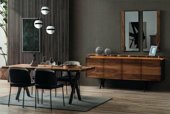 Komplette Braun-Schwarze Essgruppe Designer Holz Esstisch Polsterstühle