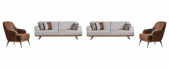 Luxuriöses Grau-Braun Wohnzimmer Set zwei Dreisitzer-Sofas und zwei Sesseln