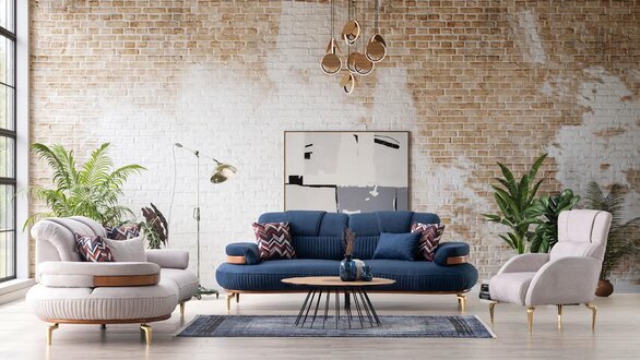 Elegante Sofagarnitur 3+3+1 Stilvolle Wohnlandschaft Beige Blau Sitzpolter Set