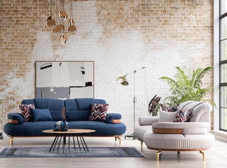 Moderne Sofagarnitur 3+3 Wohnlandschaft Beige Blaue Sitzgarnituren Stoffsofa
