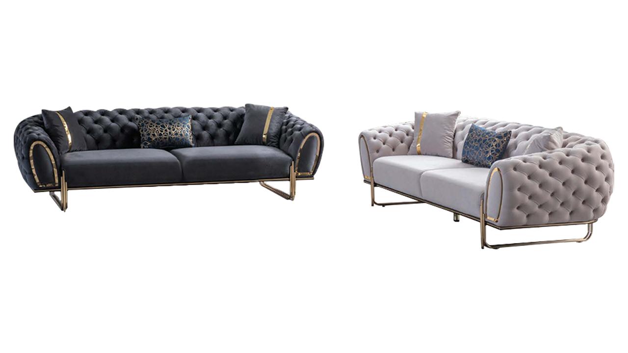 Weiß-Graue Chesterfield Couchgarnitur Textil Sofas 2x 3-Sitzer