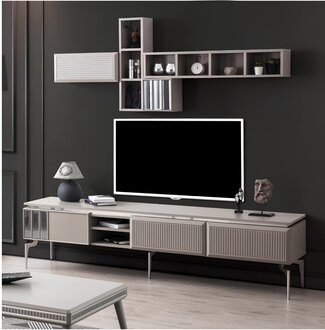 Sideboard RTV Lowboard Regale TV Ständer Schrank Holz Grau Wohnwand