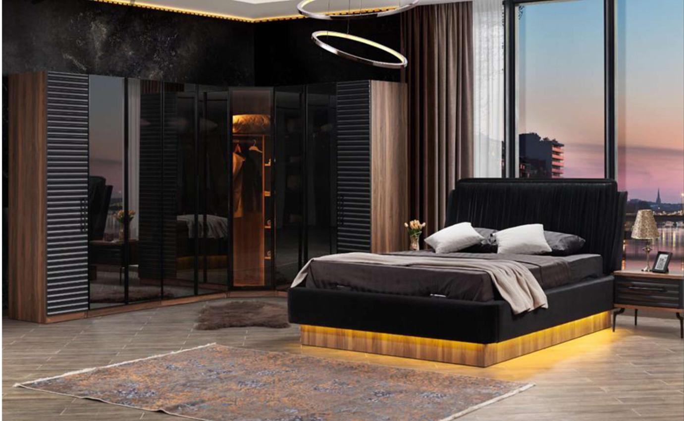 Braun-Schwarzes Schlafzimmer Set Komplette Garnitur Bett 2x Nachttische