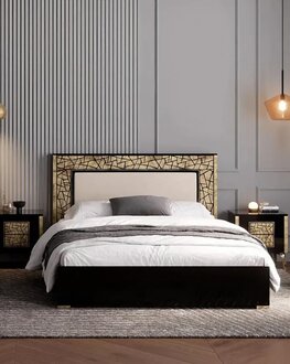 Doppelbett Bett Schlafzimmerbett Bettrahmen Schwarz Gold Siebdruck Holz