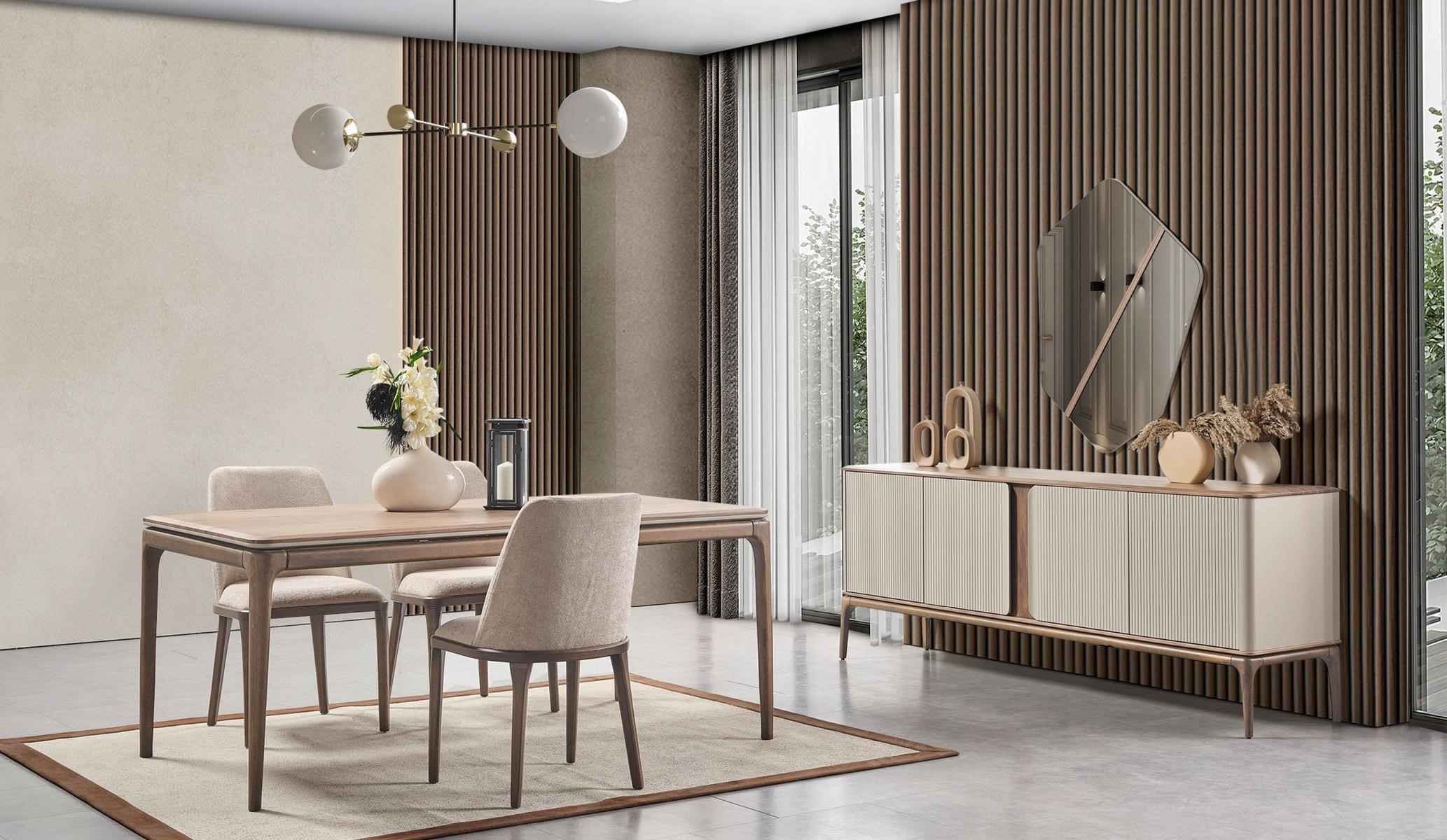 Essgruppe Esstisch 4 Stühle Sideboard Spiegel Modern 7tlg Holz Beige