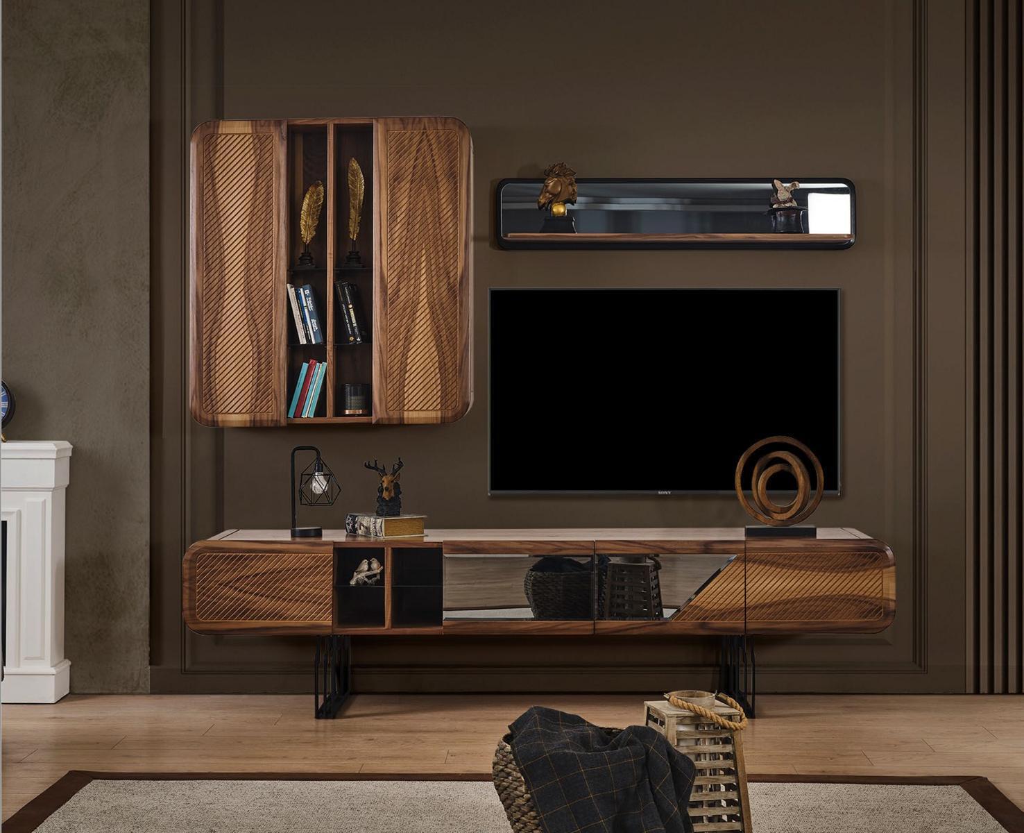 Wohnwand RTV Lowboard TV Ständer Sideboard Braun Wohnzimmer Set 3tlg