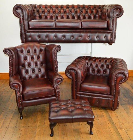 Chesterfield Sofa Couch Set 4tlg 3 + 1 + Ohrensessel + Hocker