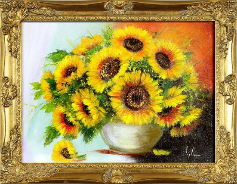 Sonnenblumen - Blumen Pflanzen Bilder Gemälde Ölbilder Ölbild Mit Rahmen