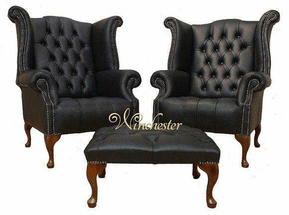 Chesterfield Ohrensessel 2x + Hocker Leder Sofa Set Garnitur Polster